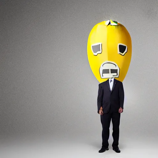 Image similar to banana head, a man wearing a suit banana head