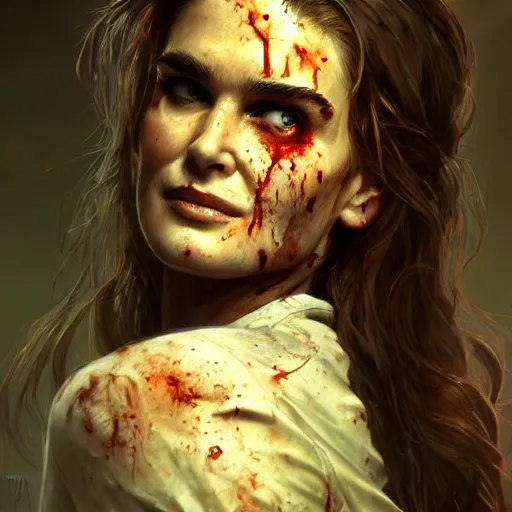 Image similar to young brooke shields as a zombie, 7 days to die zombie, fine art, award winning, intricate, elegant, sharp focus, cinematic lighting, highly detailed, digital painting, 8 k concept art, art by guweiz and z. w. gu, masterpiece, trending on artstation, 8 k