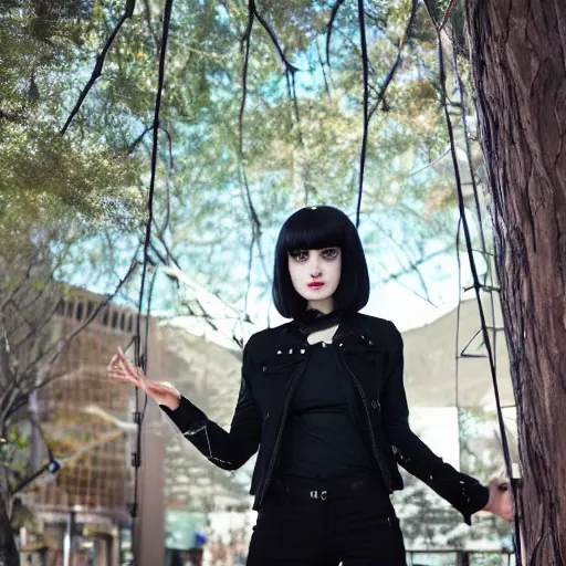 Prompt: 1 7 - year - old pale - skinned persian girl with black long bob cut, long bangs, black gothic jacket, black jeans, psychic girl, standing under treehouse in city plaza, urban plaza, treehouse hotel, large tree, ultra - realistic, sharp details, subsurface scattering, blue sunshine, intricate details, hd anime, 2 0 1 9 anime