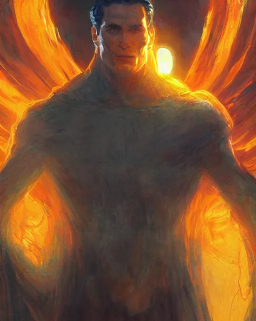 Prompt: superman emerging from the sun, highly detailed face, elegant, orange yellow ethereal, horror, fantasy art by greg rutkowski and magali villeneuve and claude monet