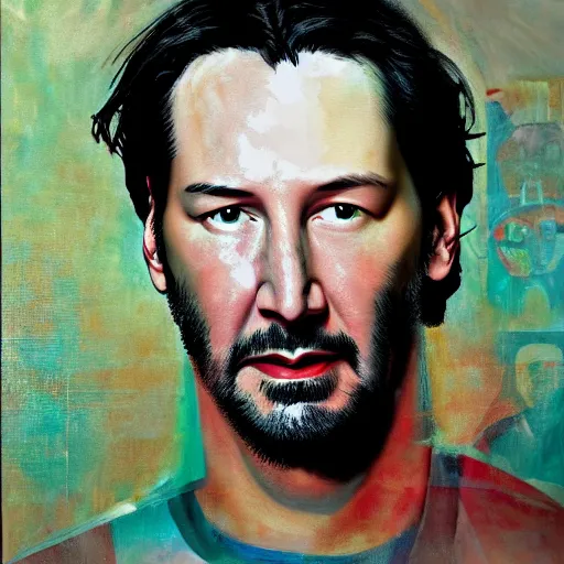 Image similar to A painting of Keanu Reeves in the style of Raoul Hausmann