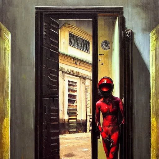 Prompt: diego dayer, hyperrealistic surrealism, award winning masterpiece with incredible details, a surreal vaporwave painting of door leading to nowhere, mirrors everywhere, highly detailed, astronaut