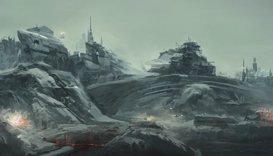 Image similar to big base sovietic, concept art by jama jurabaev, top angle, cinematic shot, trending on artstation, high quality, brush stroke