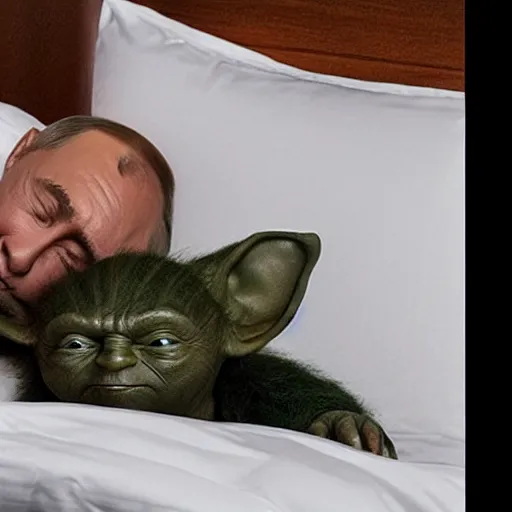 Image similar to putin sleeping in bed next to yoda