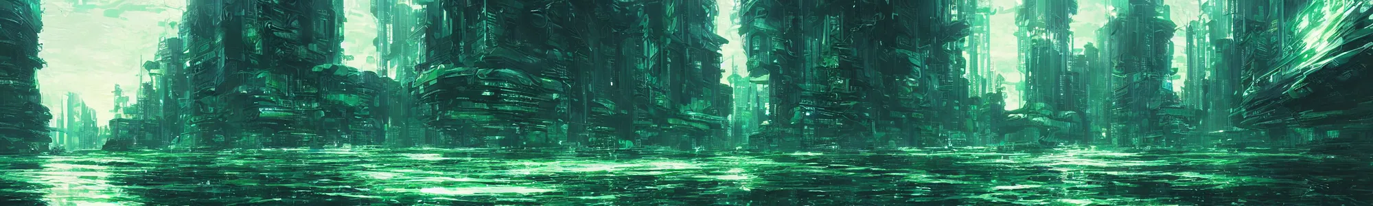 Image similar to reflective waves, cyberpunk texture, green coloring, by studio ghibli and greg rutkowski