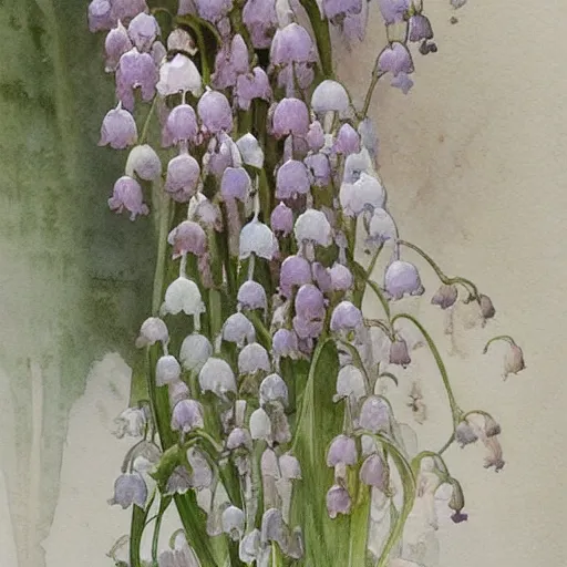 Image similar to a beautifull intricate watercolor painting of lily of the valley, reflexions, verry high details by william turner art, greg rutkowski and alphonse mucha, trending on artstation, very very detailed, masterpiece, - h 7 0 4