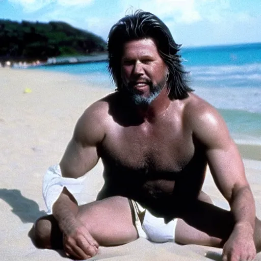 Prompt: kevin nash relaxes on the beach during the red hot summer of 1 9 9 2, forboding mood, camcorder effect