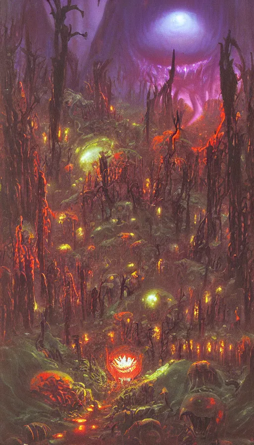 Image similar to a storm vortex made of many demonic eyes and teeth over a forest, by paul lehr,