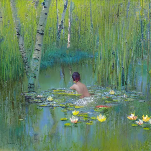 Prompt: painting of a beautiful nymph bathing in a shallow pond, obscured by water lilies, aspen grove in the background, by Jeremy Mann, stylized, detailed, loose brush strokes, pastel colors, green and yellow tones