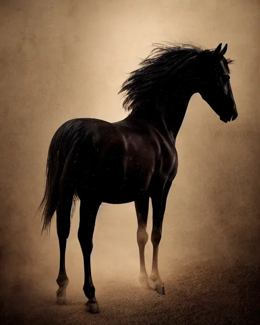 Image similar to photo of a demonic horse, with an emaciated skinny human body. it has albino skin, long shiny black hair and red glowing eyes, it is wearing a long black silk nightgown, moody, foggy and atmospheric, golden hour, soft focus, horror