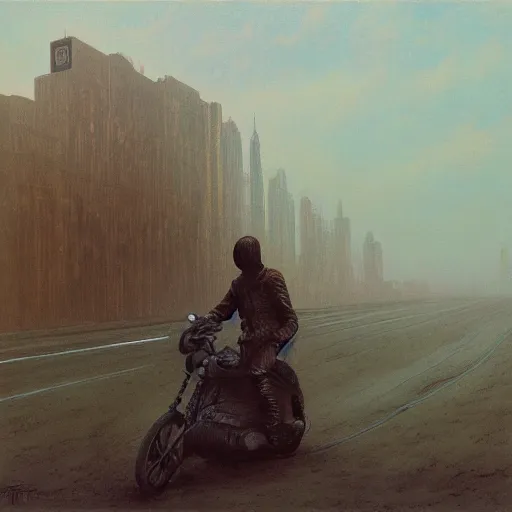 Prompt: lone apocalyptic traveler on a motorcycle riding through new york, highly detailed beksinski painting