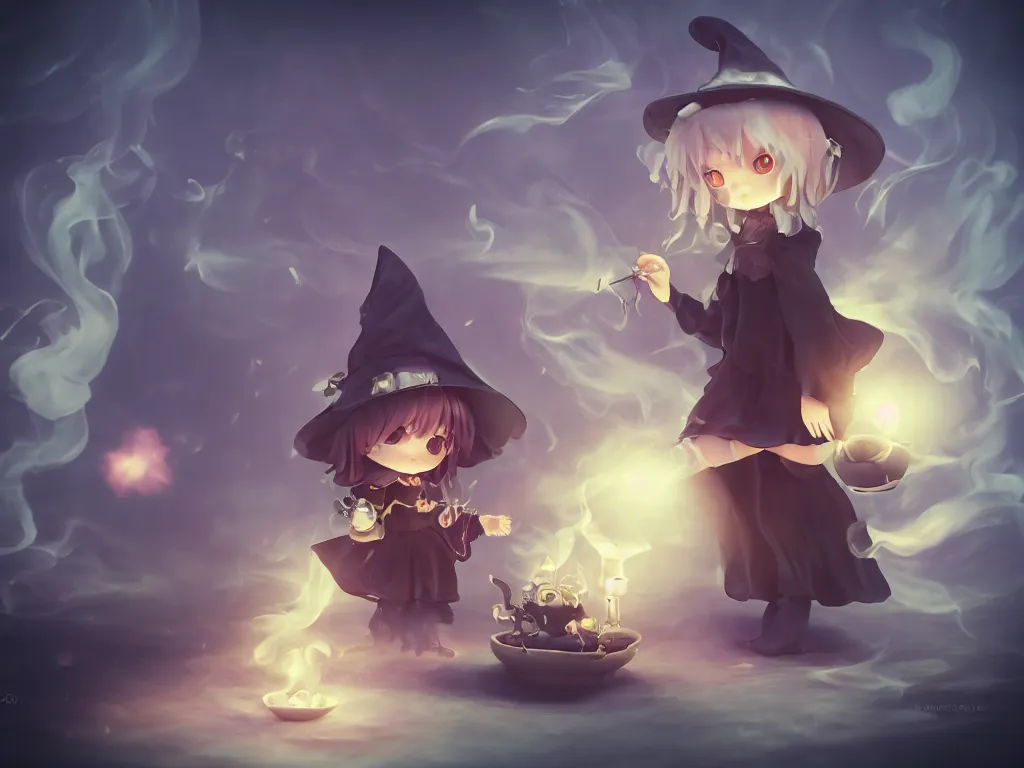 Prompt: cute fumo plush girl witch stirring a cauldron swirling with strange energy, ominous cauldron of glowing potion, eldritch gothic horror, smoke and volumetric fog, witch girl, soothsayer, lens flare glow, chibi anime, vray