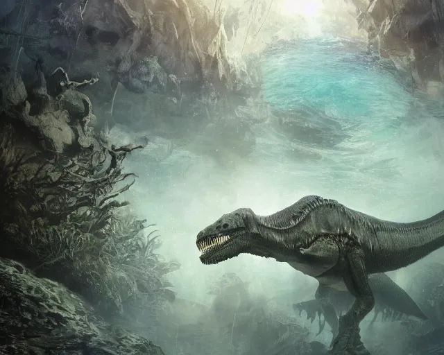 Image similar to a creepy underwater image of a t - rex lurking in the depths waiting to attack, matte painting, ultra wide shot, sharp focus, wallpaper art, dramatic lighting, artwork by shan qiao, albert bierstadt and murata ranga