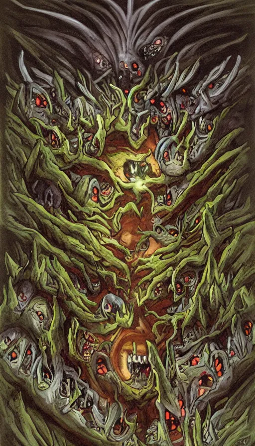 Prompt: a storm vortex made of many demonic eyes and teeth over a forest, by don bluth
