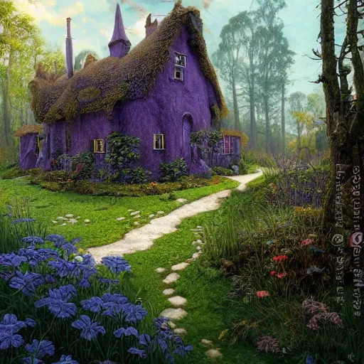 Image similar to hyper realistic homely ornate modern witch cottage distant down a path in the purple swamp gorgeous lighting, blue sky, highly detailed, lush forest by zdzisław beksinski and norman rockwell and greg rutkowskiweta studio, and lucasfilm