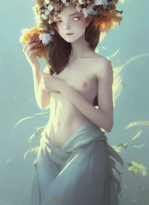 Image similar to portrait of cute nymph girl with crown of flowers, fantasy, by atey ghailan, by greg rutkowski, by greg tocchini, by james gilleard, by joe gb fenton, by in kaethe butcher, dynamic lighting, gradient light blue, brown, blonde cream and white color in scheme, grunge aesthetic