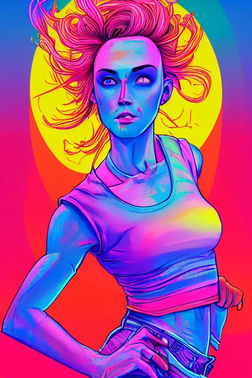 Prompt: a award winning half body portrait of a beautiful woman with stunning eyes in a croptop and cargo pants with rainbow colored ombre hairstyle head in motion and hair flying by josan gonzales, neon outlines, outrun, vaporware, shaded flat illustration, digital art, trending on artstation, highly detailed, fine detail, intricate
