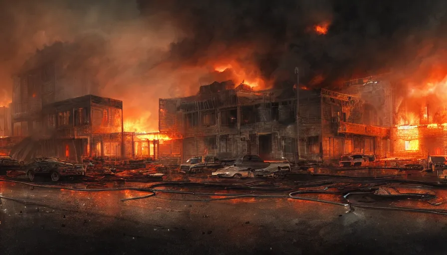 Image similar to A detailed render of a post apocalyptic scene of Fire and explosions at the 3rd precinct in Minneapolis on fire, sci-fi concept art, lots of fire, panic, dark, clouds, 8k, high detail, advanced rendering whimsically designed art, 4k post-processing highly detailed, Soft illumination