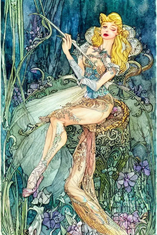 Prompt: puss in boots, fantasy art, trending on artstation, sleeping beauty fairytale, art by hans zatzka and walter crane and kay nielsen, watercolor illustration,