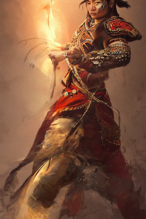 Image similar to Tibetan warrior, portrait, fierce, intricate, elegant, volumetric lighting, scenery, digital painting, highly detailed, artstation, sharp focus, illustration, concept art, ruan jia, steve mccurry