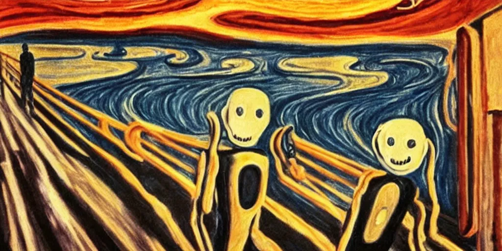 Image similar to realistic robot in The Scream painting , Spaghettification, Mazarineee
