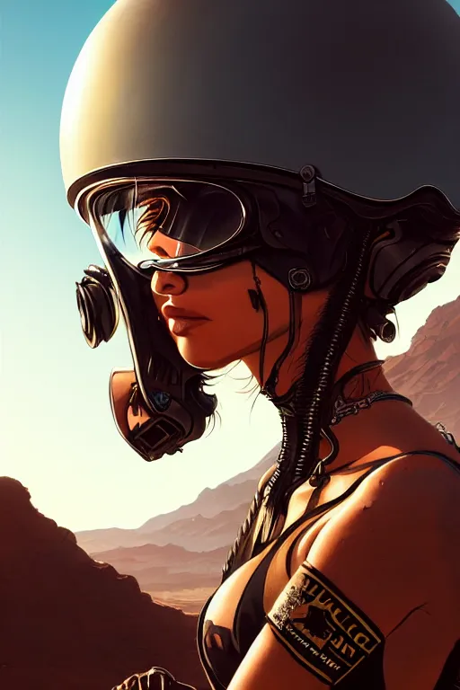 Prompt: a ultradetailed beautiful panting of post apocalyptic woman biker with helmet in front of burning desert, anatomically correct, pretty face, high detailed face, by ilya kuvshinov, greg rutkowski and makoto shinkai, trending on artstation