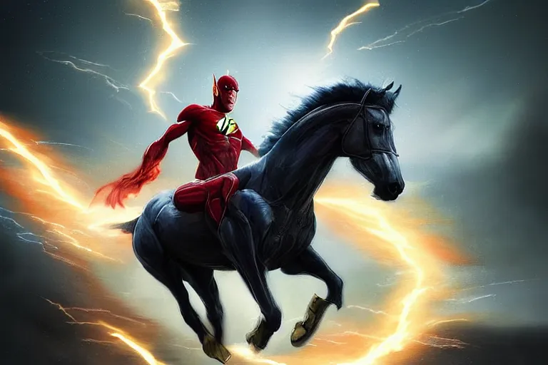 Prompt: a stunning digital painting of a horse as the flash in costume running in the speedforce by greg rutkowski, volumetric light, digital art, fine detail, photorealistic