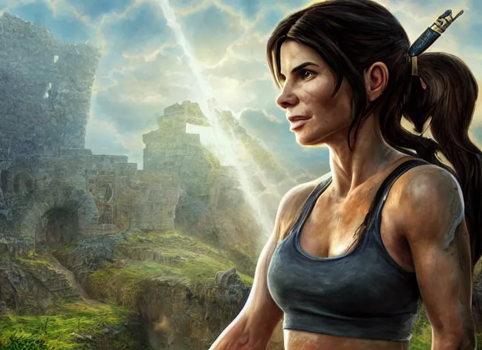 Image similar to face portrait of concentrated young Sandra Bullock as Lara Croft with pig-tails entering an incredible epic ruin, glorious sun beams, intricate, elegant, highly detailed, digital painting, short focus, illustration, Allan Lee, John Howe