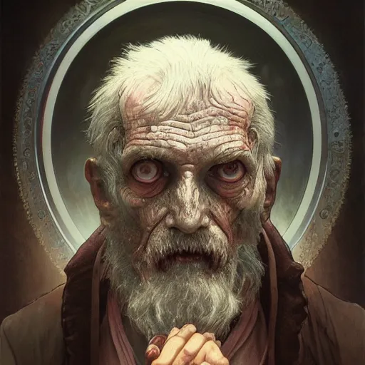 Prompt: elderly zombie man staring into an infinite mirror, intricate, art by artgerm and greg rutkowski and alphonse mucha and william - adolphe bouguereau, high detailed, 4 k,