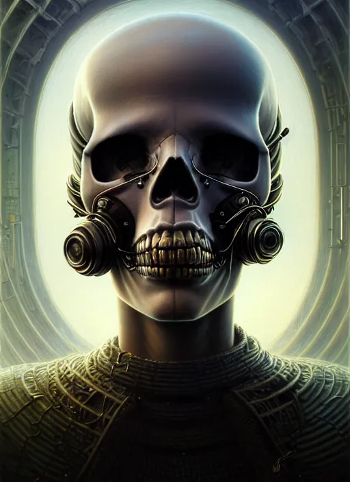 Image similar to closeup portrait shot of a cyberpunk skull in a scenic dystopian environment, intricate, elegant, highly detailed, centered, digital painting, artstation, concept art, smooth, sharp focus, illustration, artgerm, tomasz alen kopera, peter mohrbacher, donato giancola, joseph christian leyendecker, wlop, boris vallejo