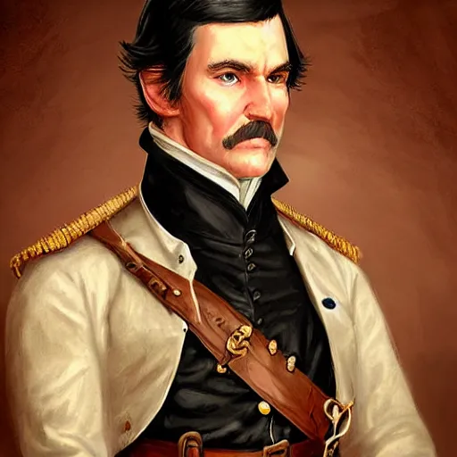 Image similar to a clean shaven confederate general with puffy black sideburns short black hair and a square face, an english man, dnd character art, painting by artgerm and ed binkley, HDR color