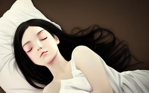 Prompt: little girl with an long black hair dressed in a simple white dress sleeping, anime art style, digital art ilya kuvshinov, inspired by balthus, hd, 4 k, hyper detailed, top view