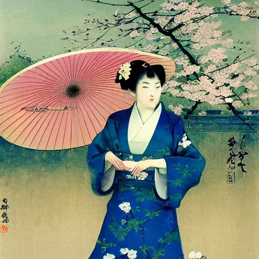 Image similar to A beautiful conceptual art of a young woman in a traditional kimono, with a background of sakura blossoms. by Giuseppe de Nittis rigorous, balmy