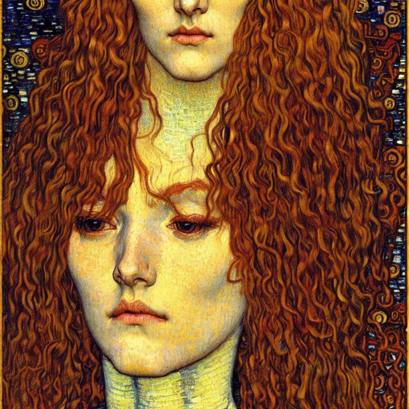 Image similar to detailed realistic beautiful young medieval queen face portrait by jean delville, gustav klimt and vincent van gogh, art nouveau, symbolist, visionary, gothic, pre - raphaelite, muted earthy colors, desaturated