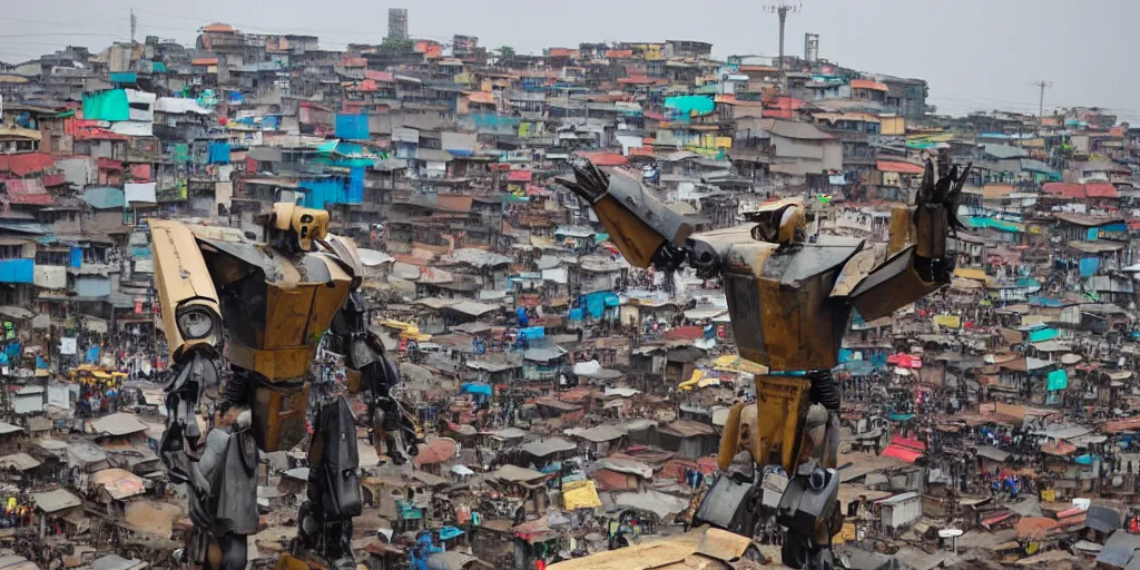 Prompt: giant mecha ROBOT of AJEGUNLE SLUMS of Lagos,