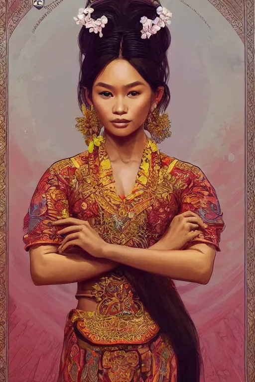 Image similar to portrait of a beautiful indonesian supermodels wearing traditional costume, highly detailed,!!! coherent hands!!!, digital painting, artstation, concept art, sharp focus, illustration, art by kittichai rueangchaichan and james gurney and alphonse mucha