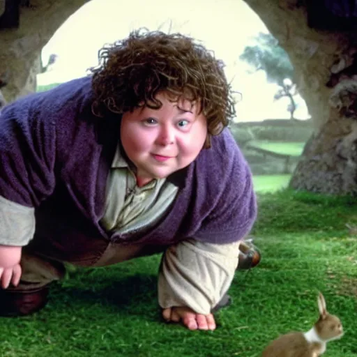 Image similar to chubby british lad as Bartook a teen hobbit with short curly dark brown hair wearing a blue vest with a white sash standing next to a giant rabbit, high resolution film still, movie by Peter Jackson