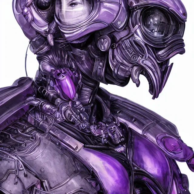 Image similar to close up portrait of a woman in powerful purple sci - fi armor with a black ponytail, elegant, stoic, intense, ultrafine hyperdetailed illustration by kim jung gi, irakli nadar, intricate linework, sharp focus, bright colors, octopath traveler, final fantasy, unreal engine 5 highly rendered, global illumination, radiant light, detailed, intricate environment