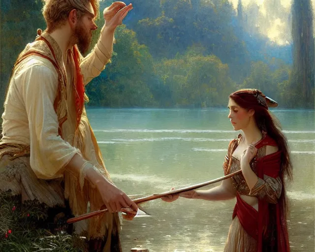 Prompt: attractive wizard casting water spell in a beautiful lake. highly detailed painting by gaston bussiere, craig mullins, j. c. leyendecker 8 k