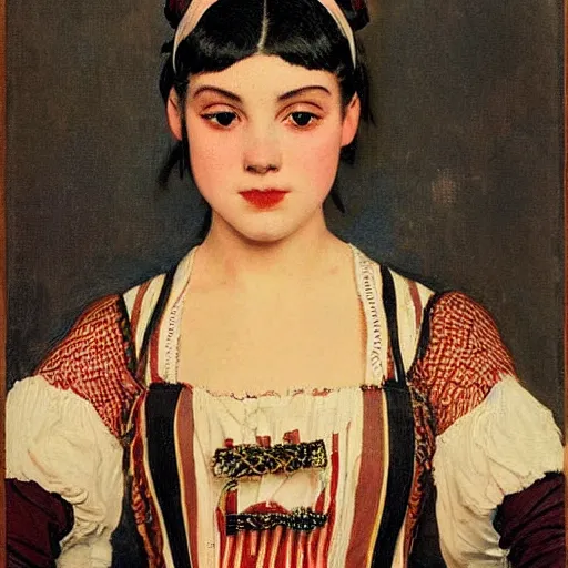 Image similar to maid cosplay, symmetric beautiful face, orientalism portrait of a cute young woman with twin tails by Edwin Longsden Long and Theodore Ralli and Nasreddine Dinet and Adam Styk masterful intricate artwork