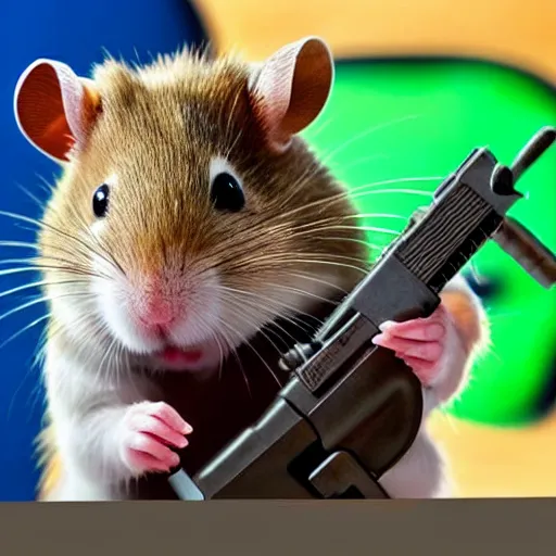 Prompt: a hamster pointing a gun, threatening facial expressions, highly detailed