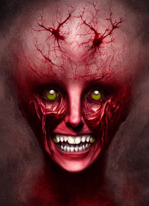 Image similar to dramatic dark red matte portrait painting of woman evil smile with black mandelbrot fractal instead of face, horror, body horror, dark art, 4 k, detailed, realistic, psychotic, insane, crazy, mental illness, dramatic,