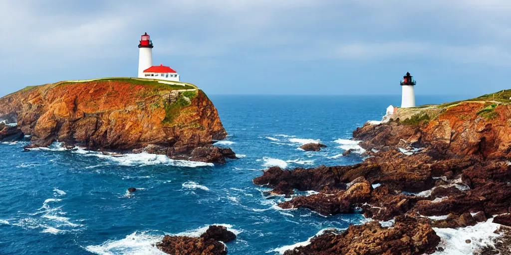 Prompt: coastal ocean setting rocky cliffs, foaming waves, brightly colored houses built on the cliff outcrops, a lighthouse marks the edge of the rocky point, highly detailed matte painting