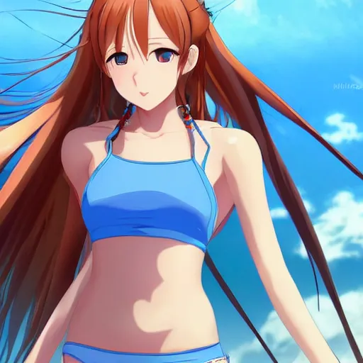 Image similar to a very beautiful young anime tennis yuuki asuna, full body, long wavy blond hair, sky blue eyes, full round face, bikini, miniskirt, front view, mid - shot, highly detailed, cinematic wallpaper by stanley artgerm lau