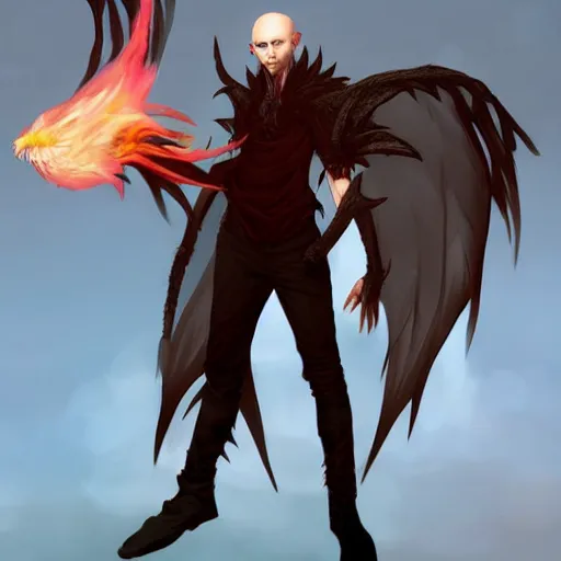 Image similar to full body anime style human in dragon form, bald, fire beard. fantasy style. very punk / alt aesthetic. wings and tail, a highly detailed, digital painting, artstation, concept art, matte, sharp focus, illustration, art by artgerm and greg rutkowski