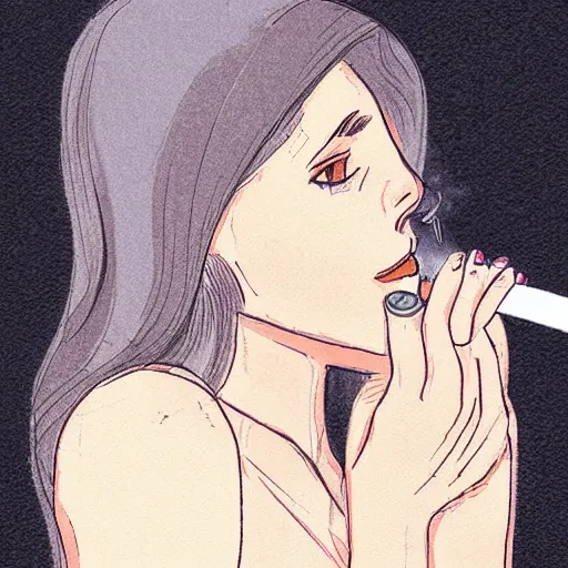 Prompt: a woman smoking, beautiful face, street at night, long hair ， full color, beautifully drawn coherent professional, drawn by wolp
