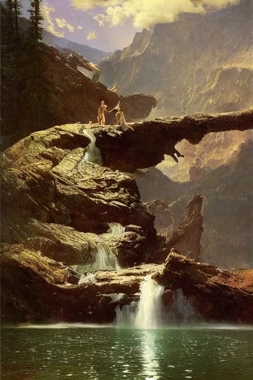 Prompt: a huge mythical wurm emerges from lake in canadian rockies, water splashes cascades, beautiful day, by albert bierstadt, ruan jia, lawrence alma tadema, zdzislaw beksinski, carl spitzweg, everett raymond kinstler, norman rockwell, jack kirby, tom lovell, greg staples