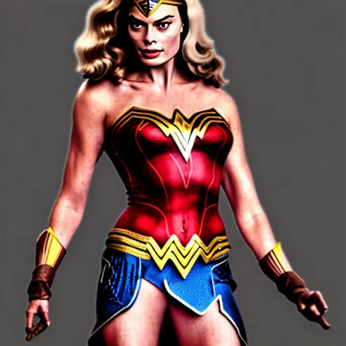 Image similar to full length portrait photograph of a margot robbie as wonder woman, Extremely detailed. 8k