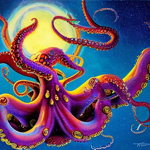 Prompt: an epic fantastic realism painting of a colossal octopus with looming glowing tentacles dripping uniquely colored star asterisms entirely under the glistening arctic moonlight by takashi murakami by ross tran by tim hildebrandt