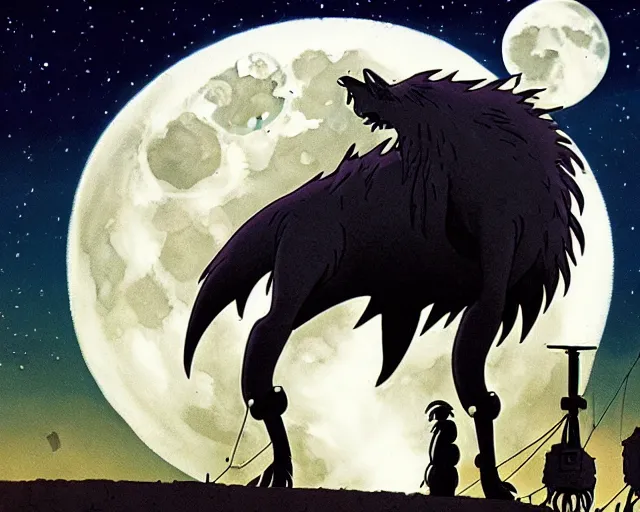 Image similar to a mechanical drawing of a grey lovecraftian mechanized wolf from howl's moving castle ( 2 0 0 4 ), with a big head, in a war - torn desert village, wide shot, in front of a big moon, muted colors, post grunge, studio ghibli, hq, art by artgem